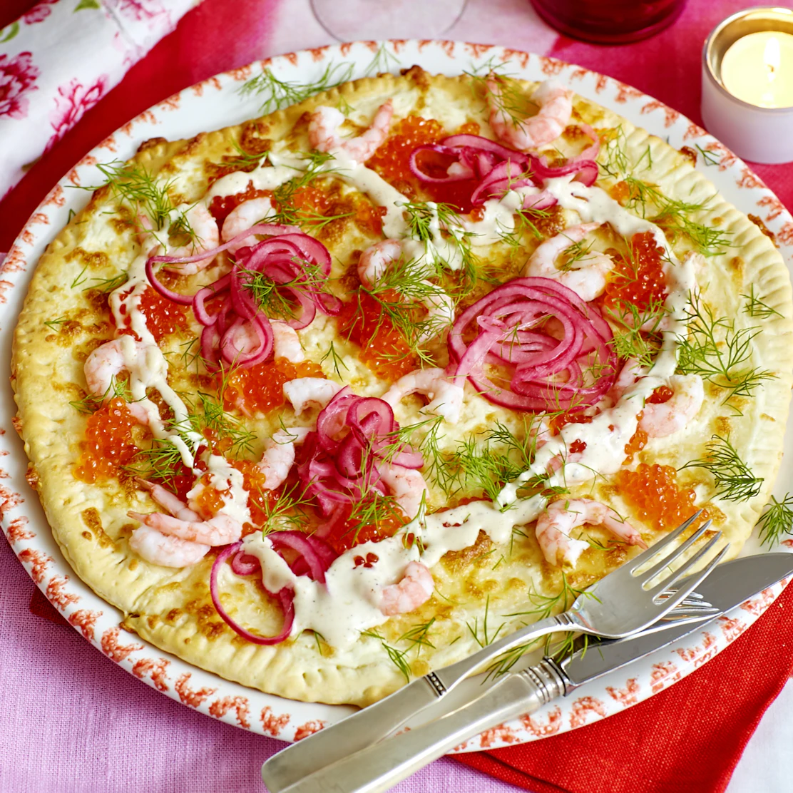 Pizza bianco med räkor