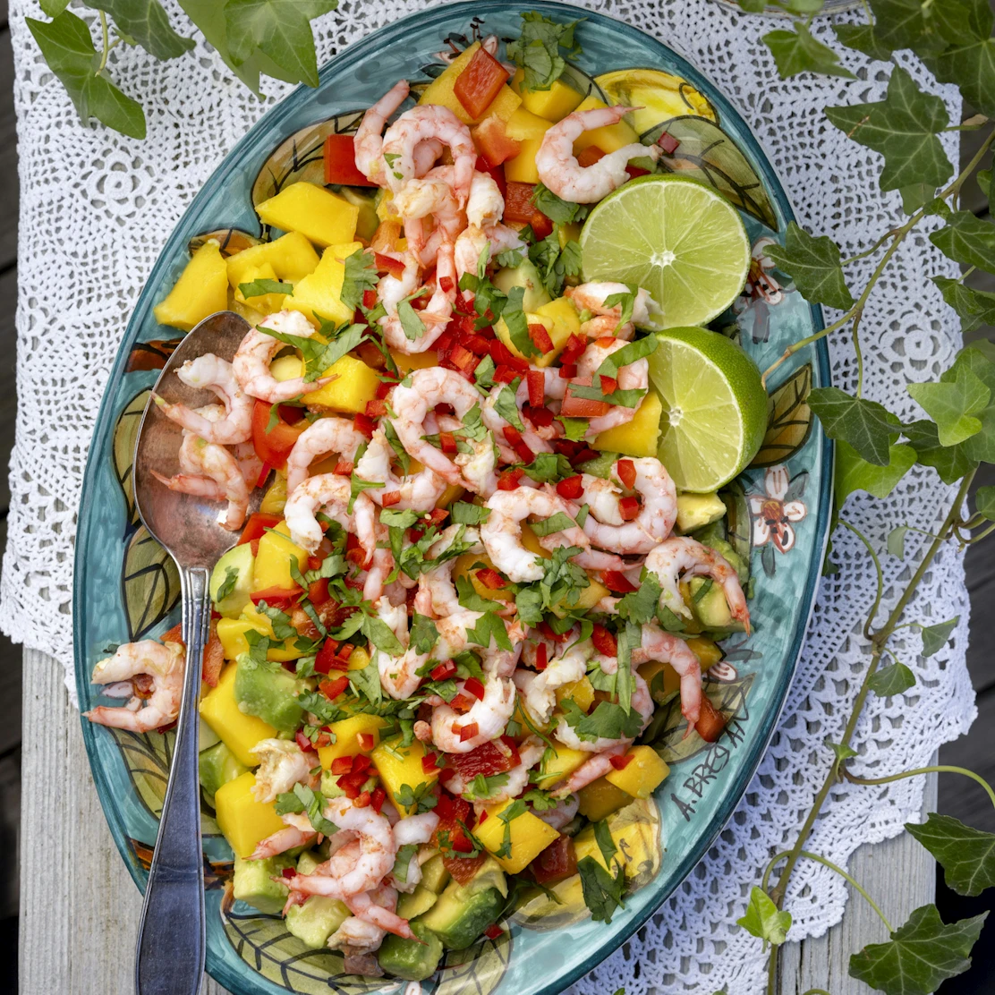 Ceviche med räkor, avokado och mango