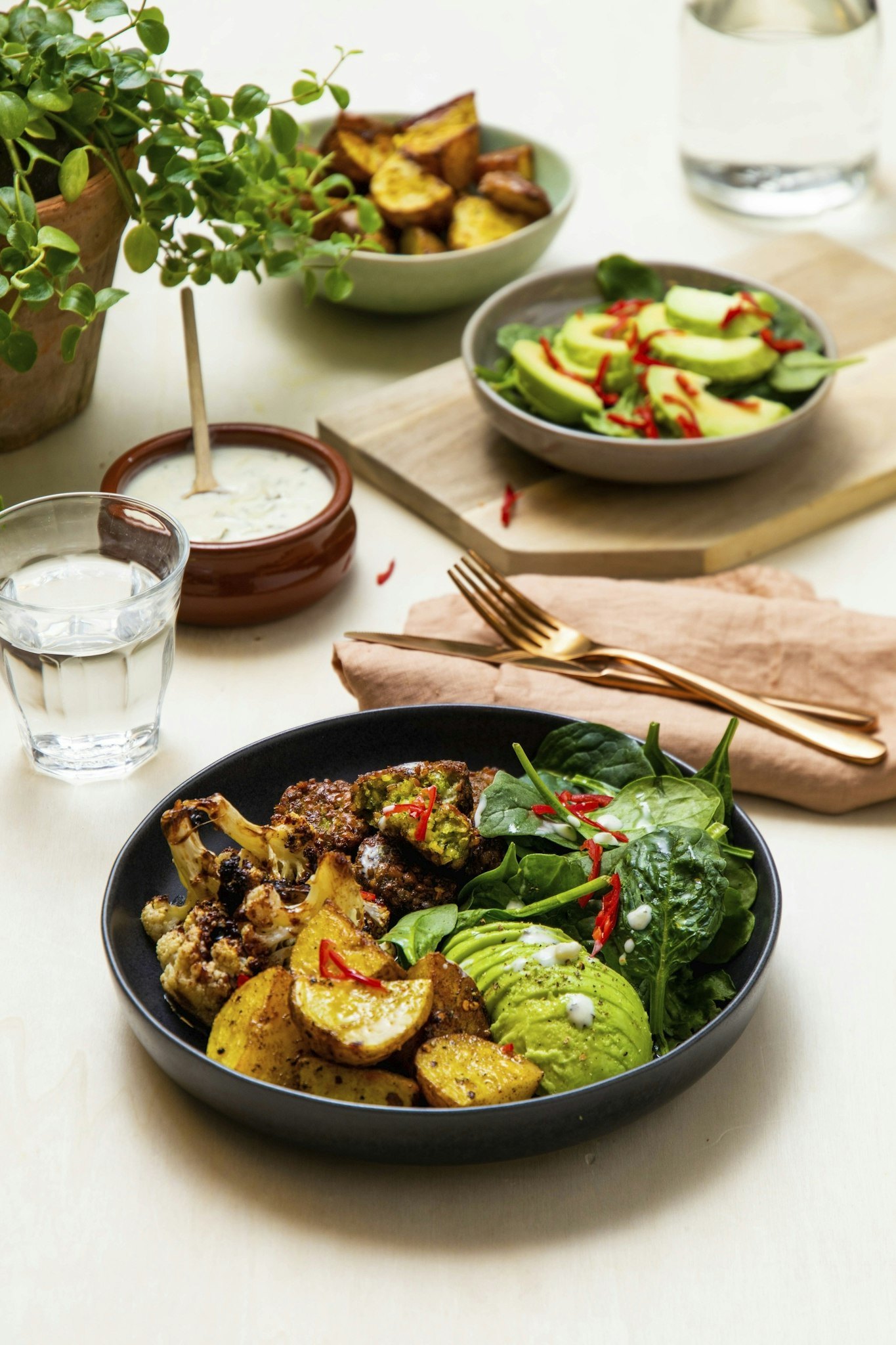Falafel med ugnsbakad blomkål och garam masala-potatis