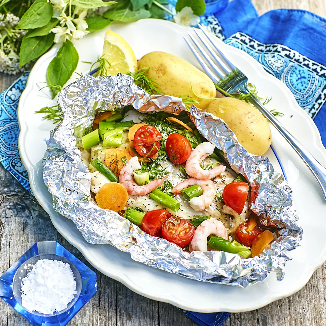 Fiskgryta med räkor, lax och torsk