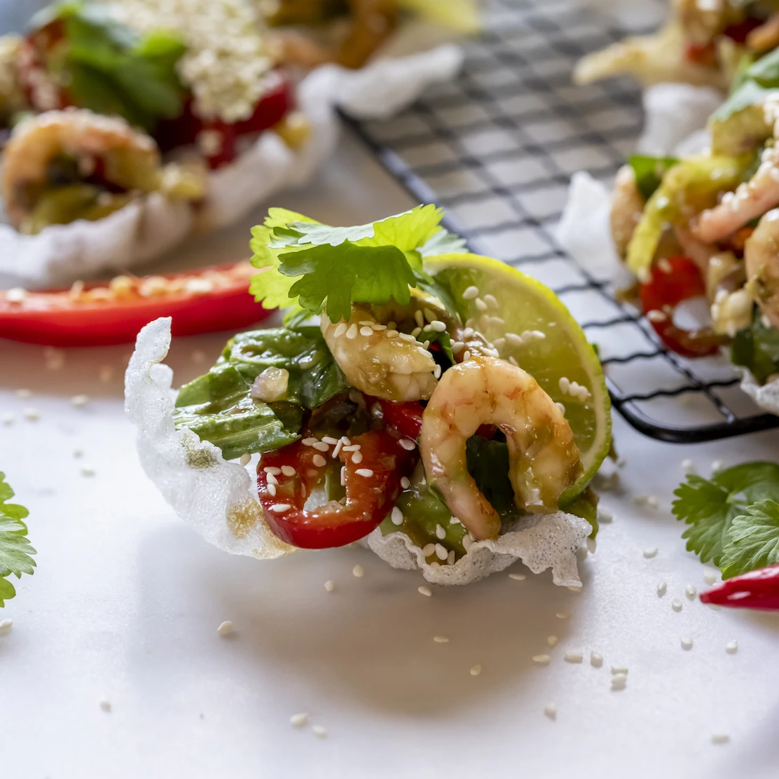 Sås Rispapper Friterat rispapper med räkor, avokado och chili