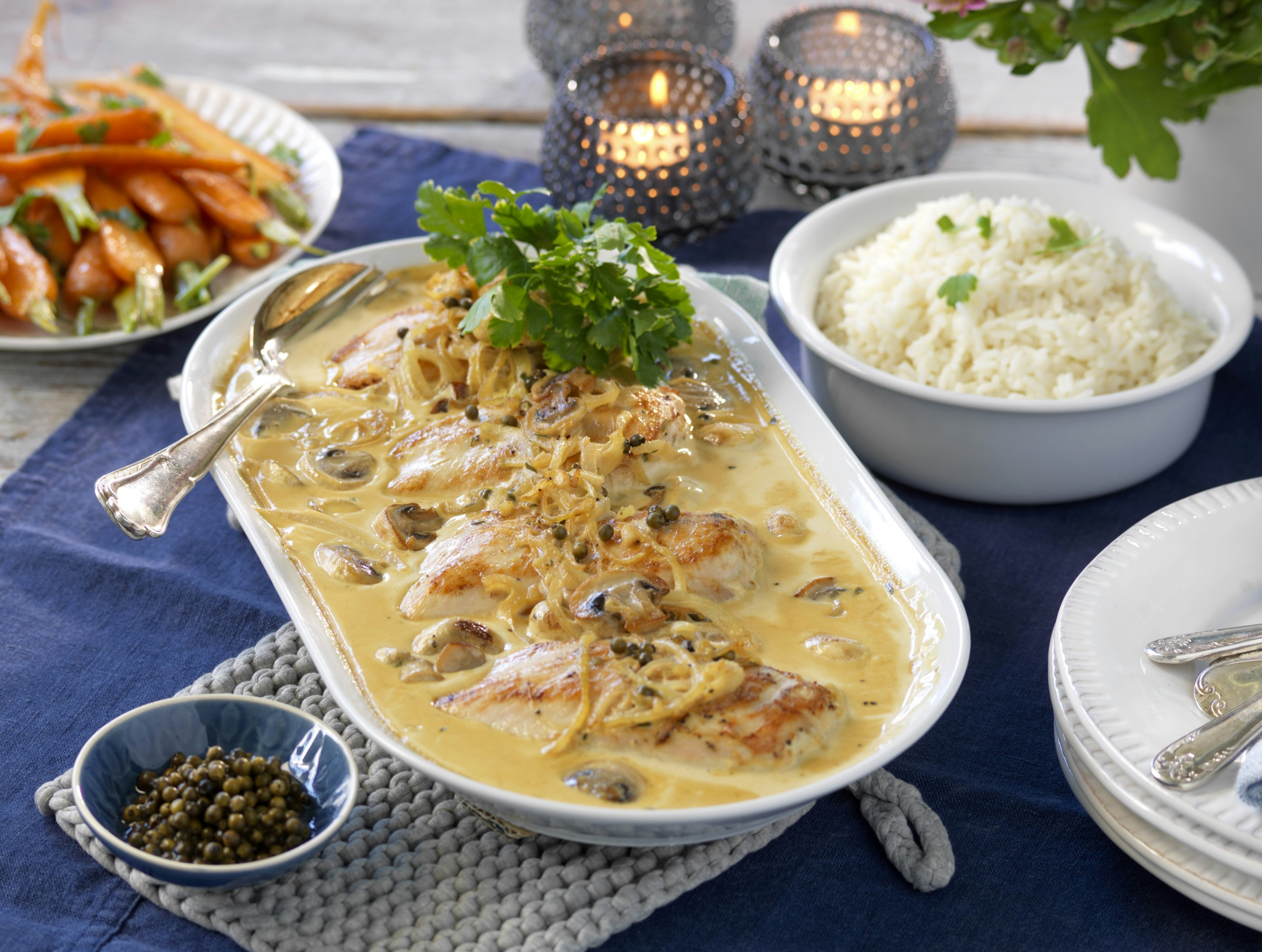 Grönpepparkyckling med champinjoner och dijonsenap