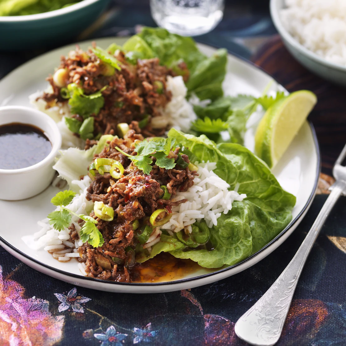 Köttfärsröra med kokt ris i salladsblad