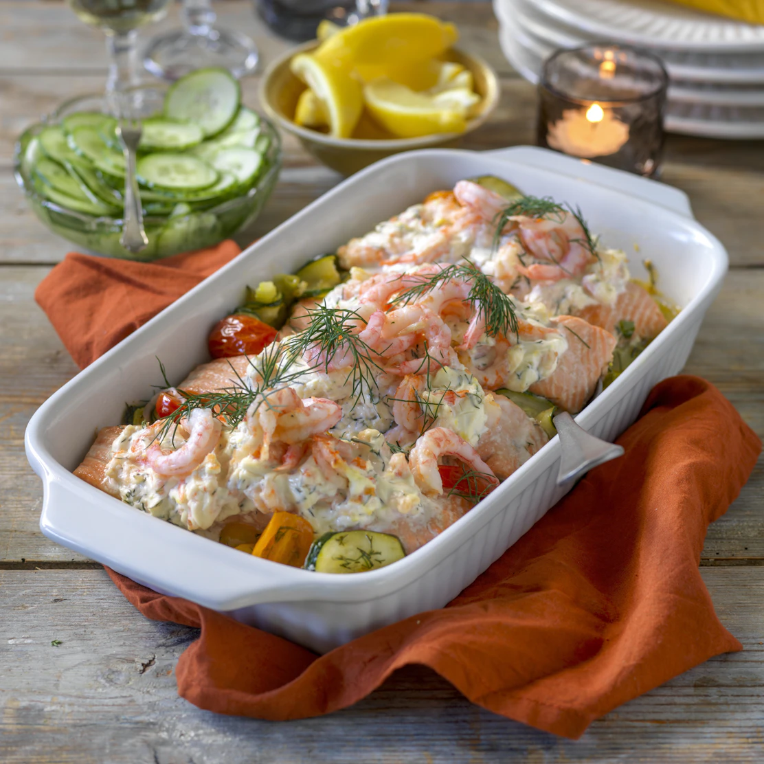 Laxgratäng med räkor