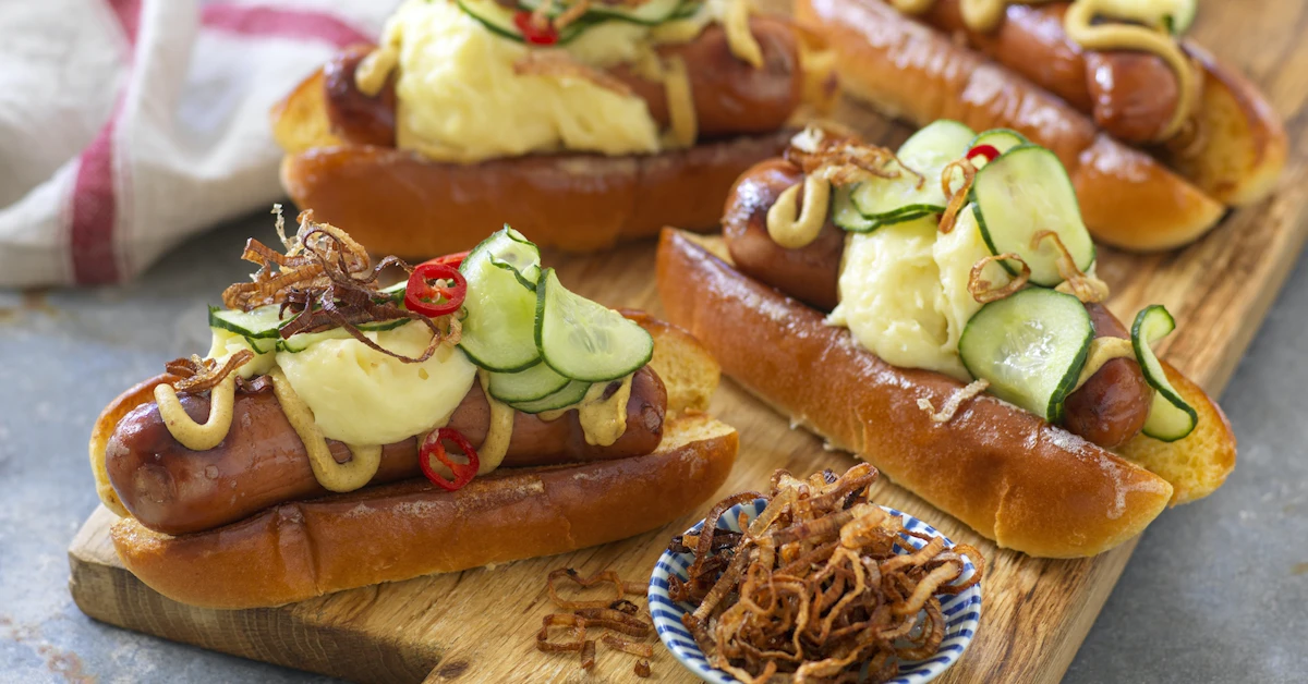 Lyxig korv i bröd med potatismos