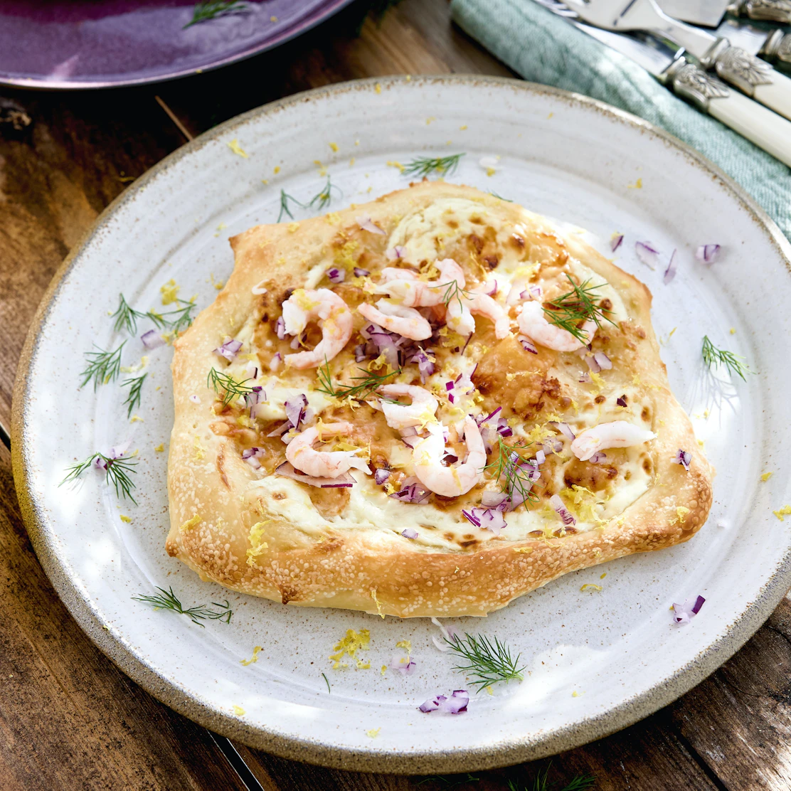 Pizza bianco med räkor